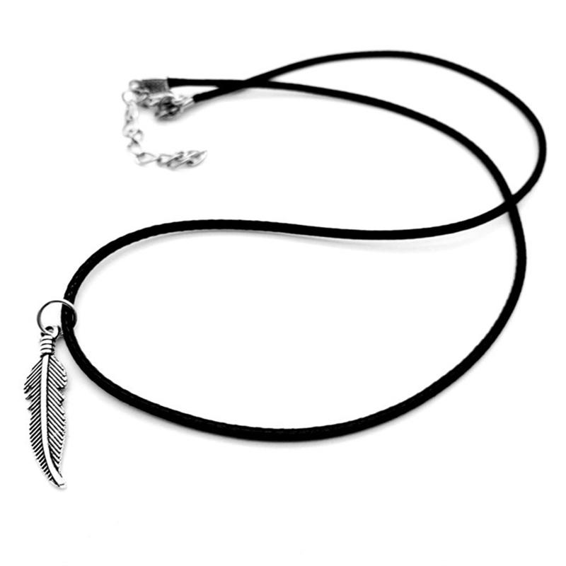Fashion Antique Silver Color Feather Pendant Necklace Leaf Choker Black Leather Cord Chain Necklaces Jewelry for Women