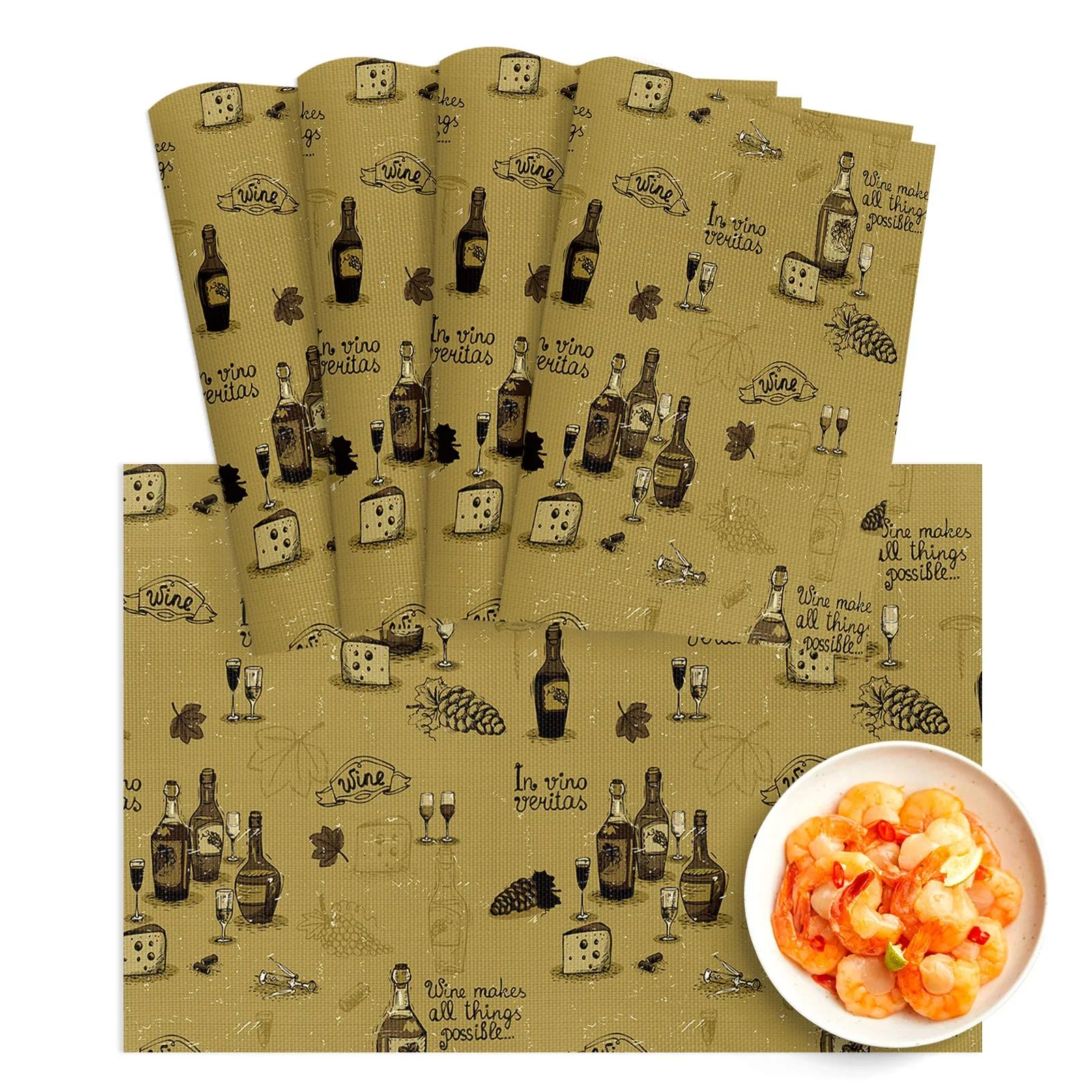 

Wine Themed Placemat Wine Glasses Bottle Grapes on Wooden Board Linen Washable Place Mats Rectangle Cloth Table Mat for Party 2pcs 30x45cm