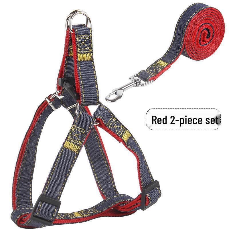 Denim-Stitched Dog Harness and Leash Set with Collar