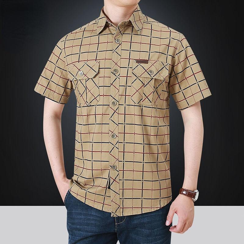 Men Cotton Short Sleeve Shirt Streetwear Fashion Summer Lapel Oversized Business Plaid Casual Tops