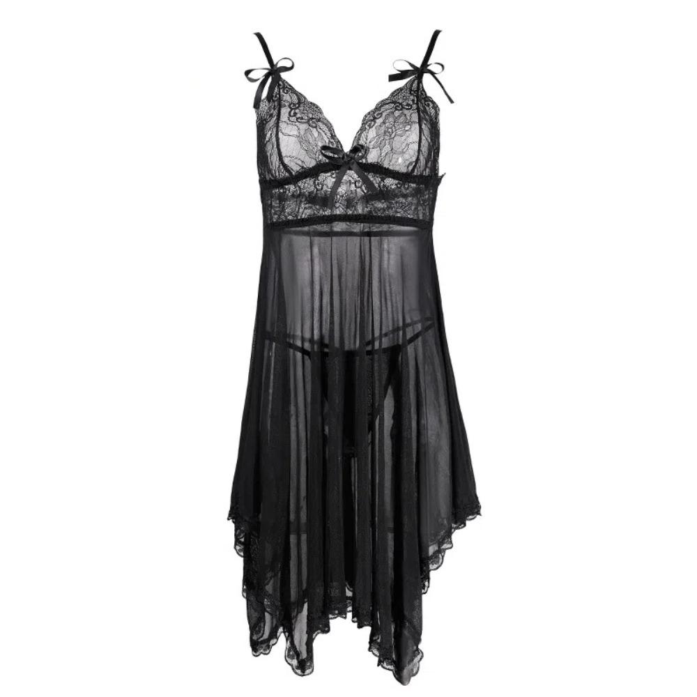Transparent Bow Deep V Lace Skirt Nightgown Sexy Lingerie Dress Sexy Clothing Lace Skirt  Ladies