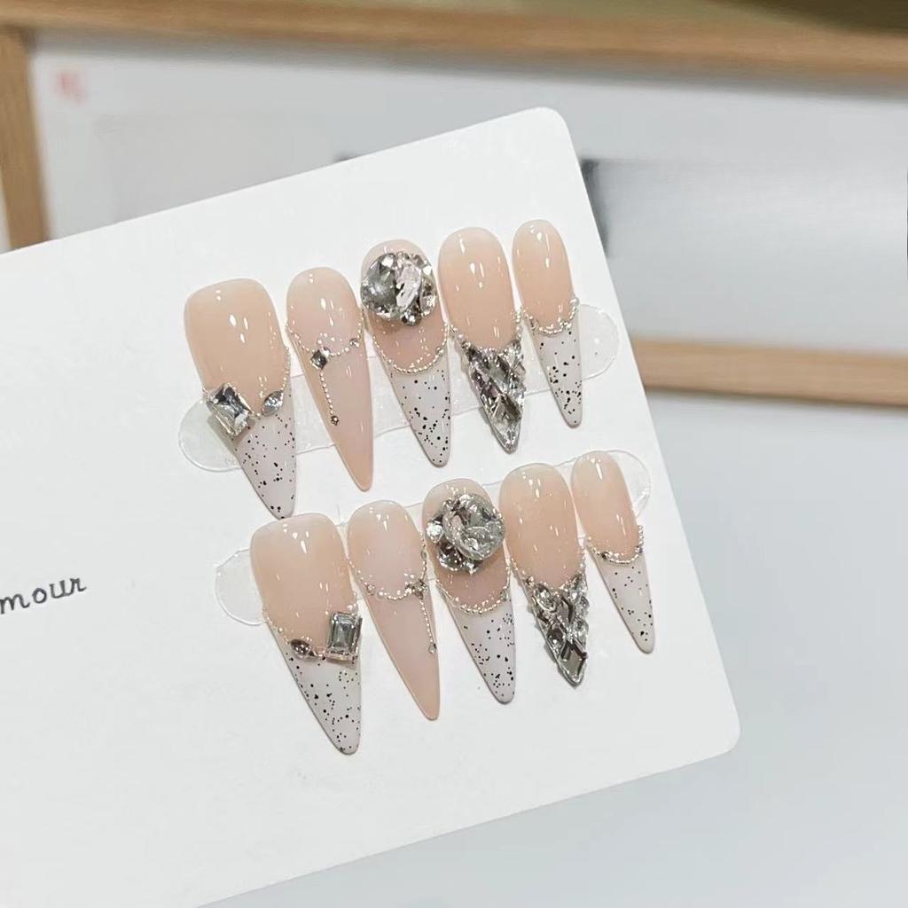 Pure Erotic Style Wear Nude Color White Chocolate French Flash Diamond Chain Nail Art Finished Product Removable Nail Sheet