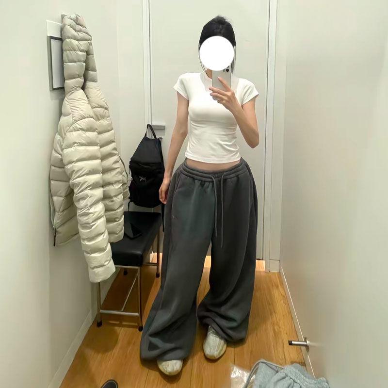 VIONA Y2K Streetwear Grå Sweatpants Dam Koreanska Överdimensionerade Lösa Allt-Match Sportsbyxor Hög Midja Dragsko Avslappnade Vida Byxor