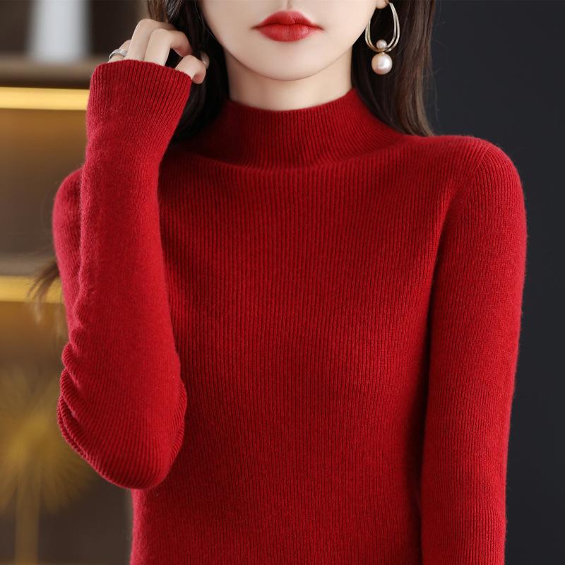 Women's Autumn & Winter Half-High Neck Wool Sweater - Tight-Fitting Australian Wool Pullover Knitwear Base Layer