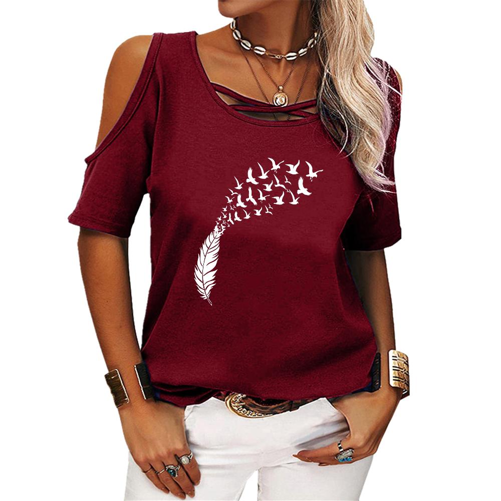 Women Fashion Round Neck Tee Shirt Summer Off Shoulder Top Casual Print Short Sleeve T-shirt
