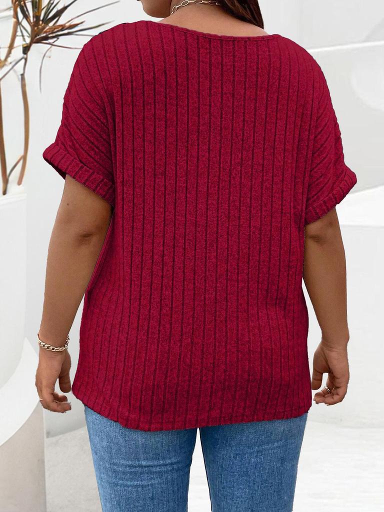 2025 Spring/Summer Plus Size Women's Solid Color Zipper Short Sleeve Loose Pullover Top