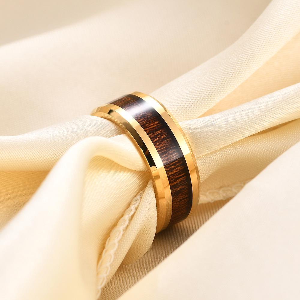 Elegant European & American 8MM Stainless Steel Pinky Ring with Black Wood Grain