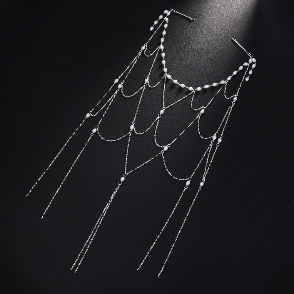 Zircon Pearl Headpiece Hollow Headpiece Tassel Hair Chain High-End Style Bridal Head Chain  Wedding