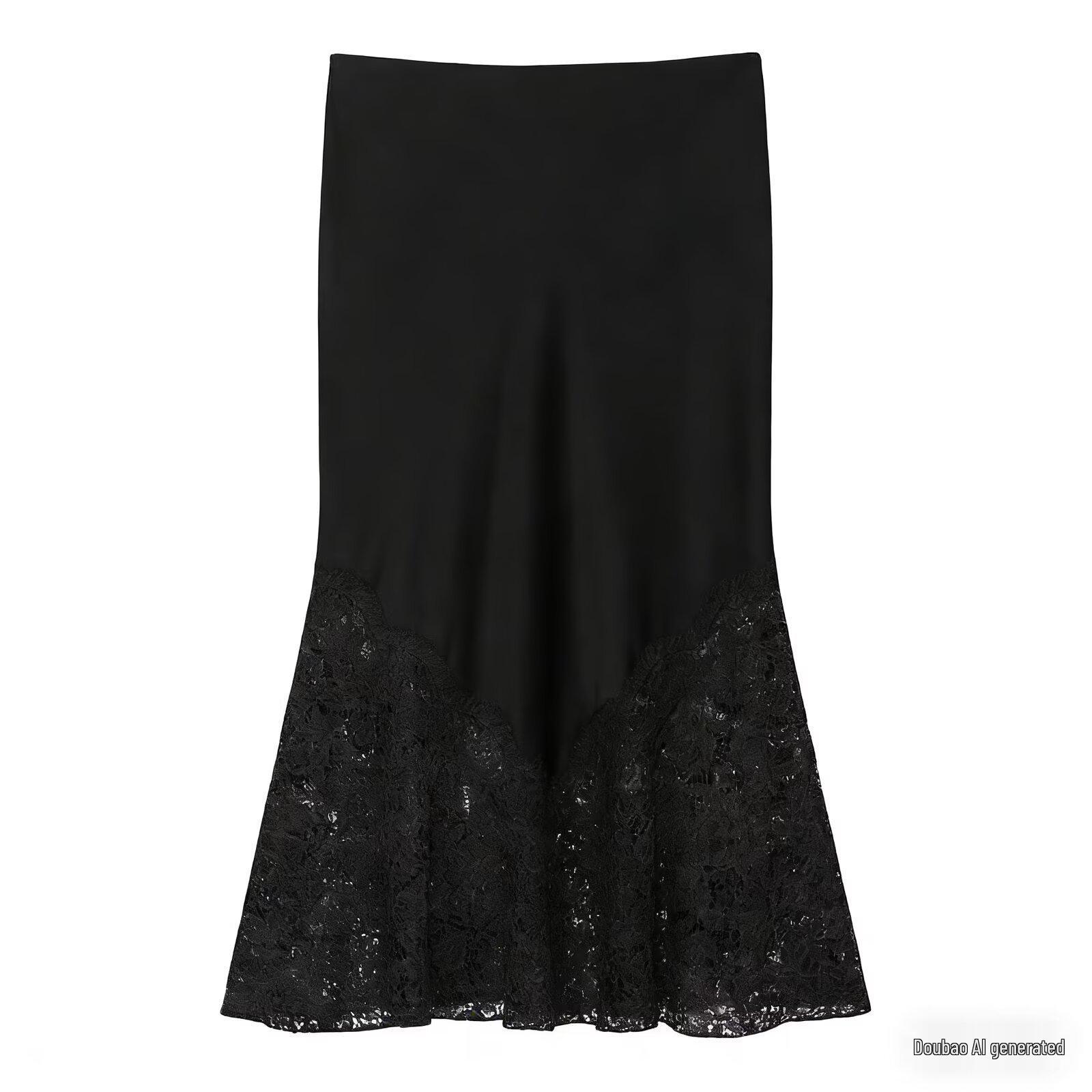 Spring-Summer Women s Retro High-Waisted Lace Patchwork Satin Skirt Extra Small