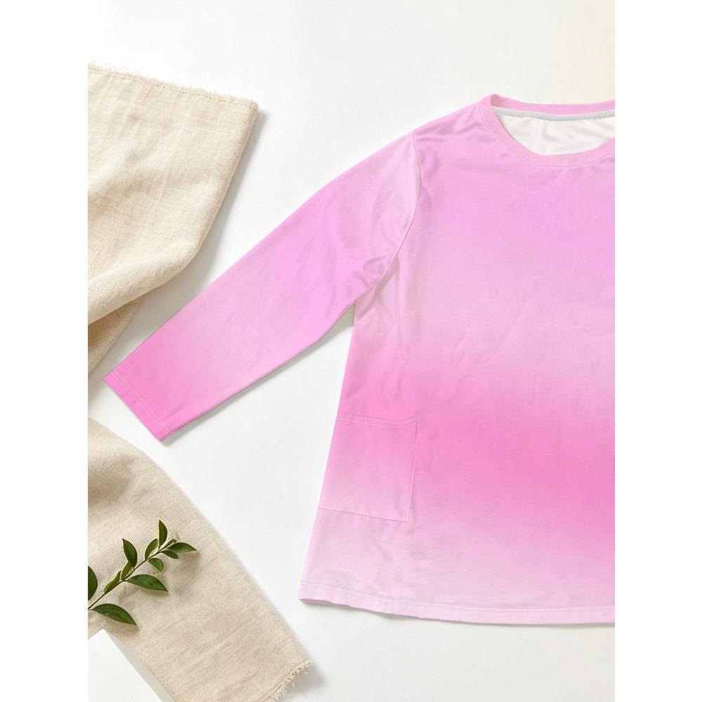 Plus Size - Women's Long Sleeve Top, Pink Gradual Change Solid Crew Neck Medium and Long Loose with Side Pocket Casual T-Shirt