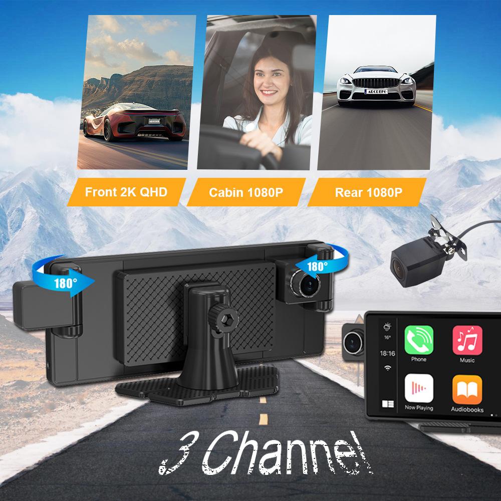3-lens Dashcam, 10.26" HD Wireless CarPlay Car Navigation GPS.