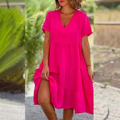 Lässige Damenkleider aus Baumwolle und Leinen 2025 Frühling/Sommer Süßes Kurzarmkleid mit festem V-Ausschnitt und großer Schaukel, lockeres Kleid S-5XL