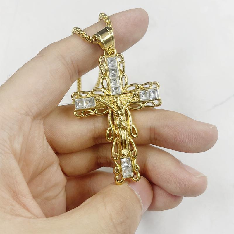 Mens Jewellery Cross Necklace Locket Gothic Accessories Halloween Gold Color Punk Cuban Link Chain Jesus Christ Gift Easter