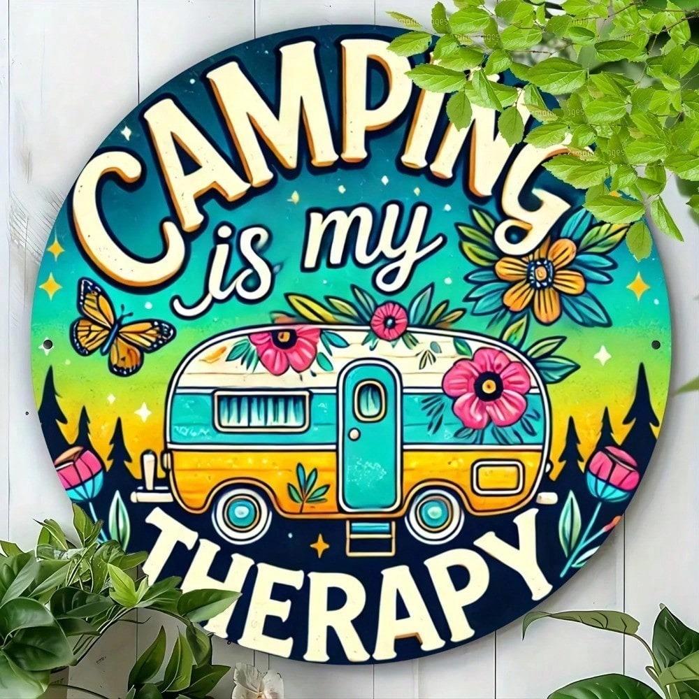 Vintage Camper Van Tin Sign, Round Retro Metal Wall Art, Camping Decor for Living Room, RV Garage, Man Cave, 7.8 Inch