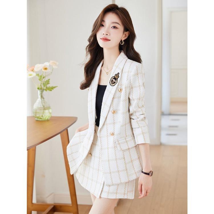 Elegant Lady White Suit Jacket and Skirt Two-piece Set for Spring, Double-breasted Casual Wear Clothes
