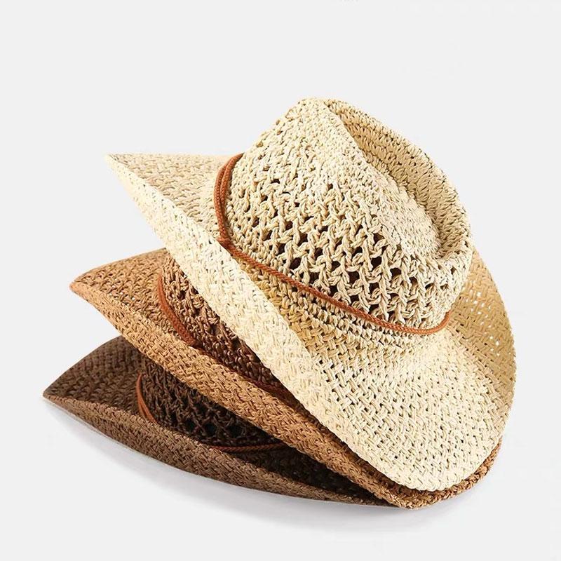 Womens Straw Western Cowboy Hat Foldable Wide Brim Summer Sun Hats Vacation Lightweight Beach Cowgirl Hat