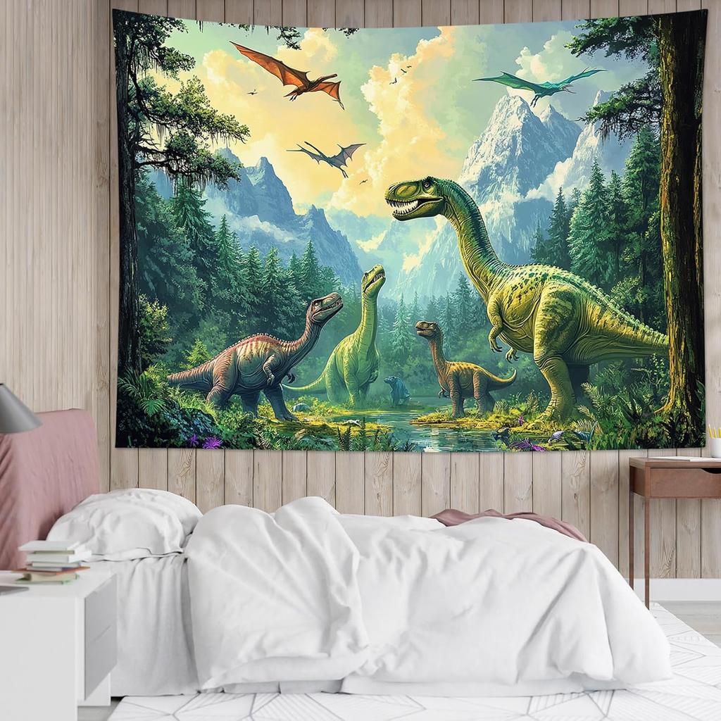 Dinosaur Tapestry for Bedroom, Ancient Wild Animal Dinosaur In Green Forest Tapestry Wall Hanging Mountain Nature Landscap