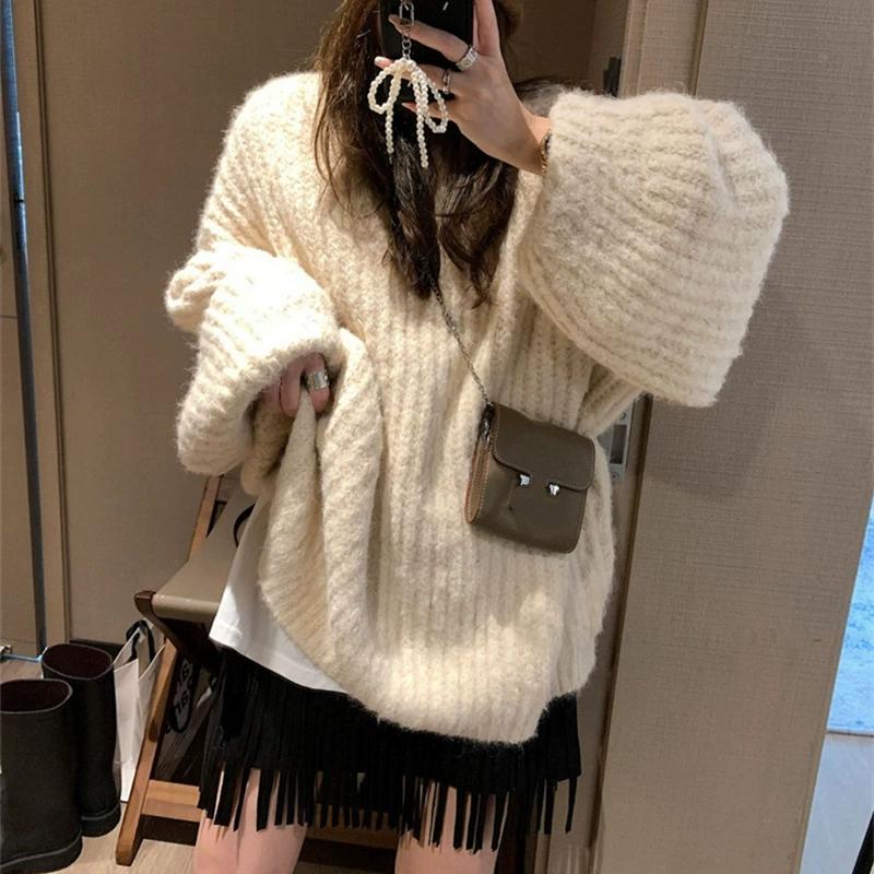Lazy Style Loose Soft Waxy Round Neck Lantern Sleeve Sweater Women's Autumn and Winter Solid Color Pit Knit Sweater Plus Size Women's Clothing