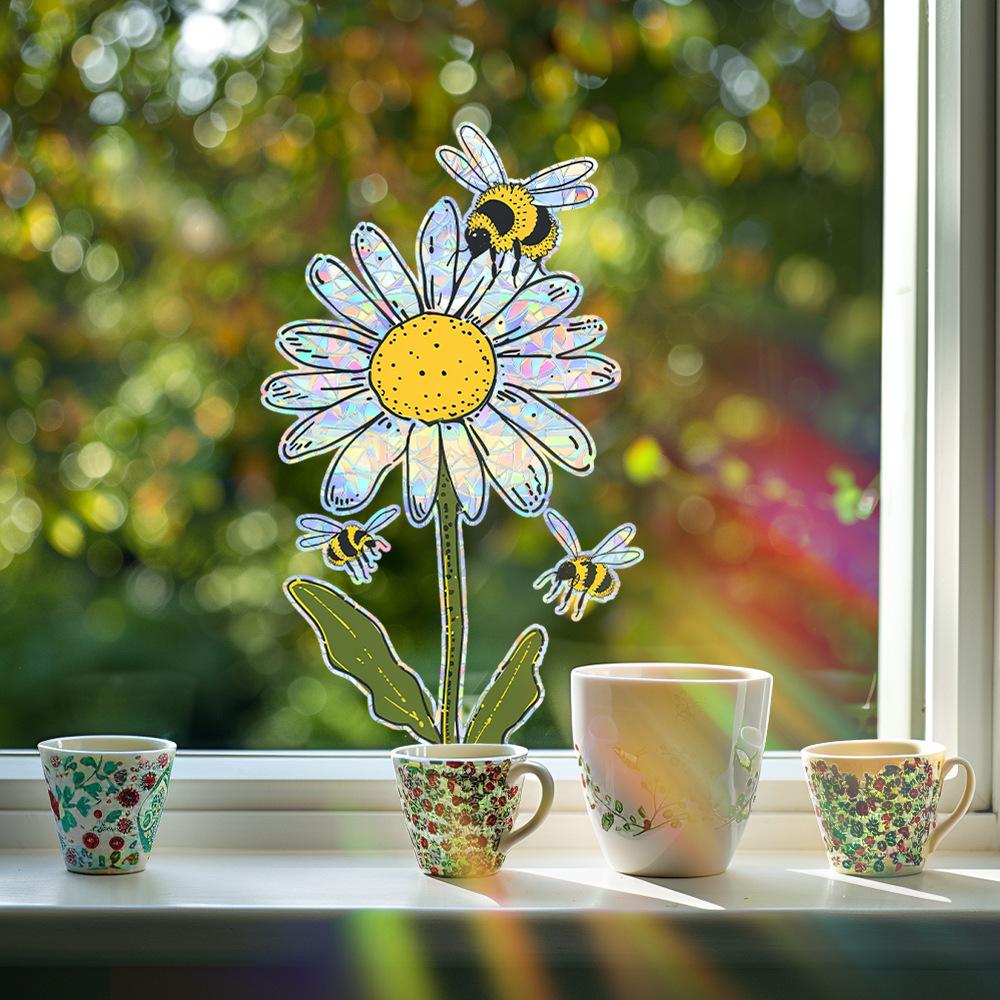 Cartoon Little Bee Daisy Balcony Home Decoration Glass Doors and Windows Static Window Stickers