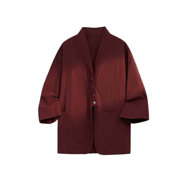 

Свободная китайская блуза-халат с градиентом, V-образный вырез, короткий рукав, свободная повседневная куртка, минималистичная однотонная верхняя одежда M красный