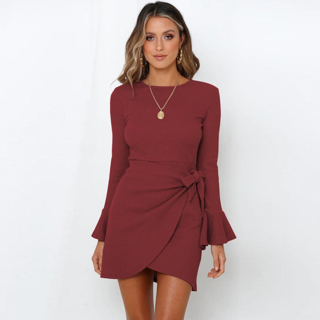 Fashion Women's Casual  Ruffled Long Sleeve Slim Bow Elegant Check Dress