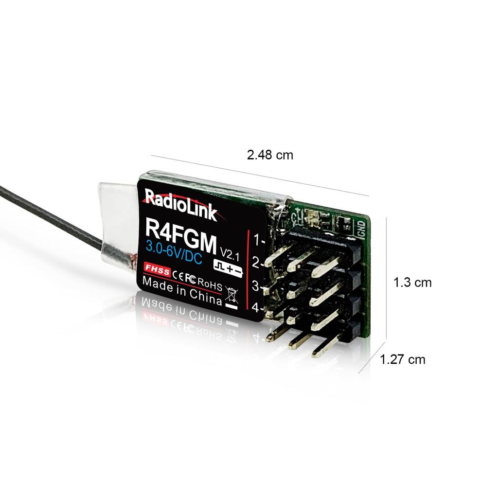 Radiolink R4FGM V2.2 4-Channel Mini Gyro Receiver for 128 RC Miniature Cars and Boats, Compatible with 3-10V High-Voltage Servo Control, 400M