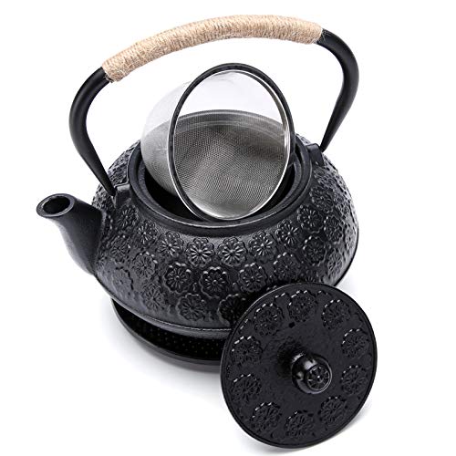 Nanbu Ironware 4-Piece Cast Iron Teapot, Tea Kettle, and Trivet Set (Product Code: 01 Sakura YH900)