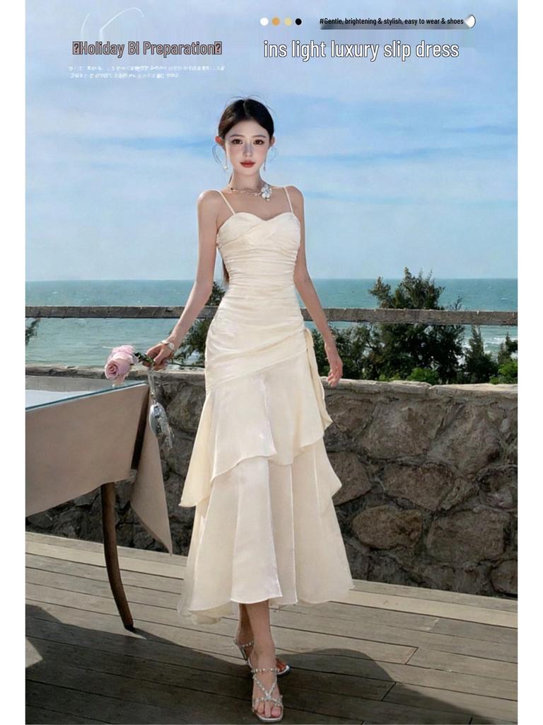 Sanya French Seaside Spaghetti Strap Ruffled Vacation Dress