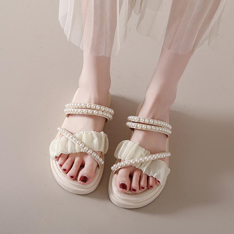 Internet Celebrity Slippers Wear Summer Women 2025 New Pearl Fairy Wind Two Wear Thick-soled Small Fragrant Beach Sandals