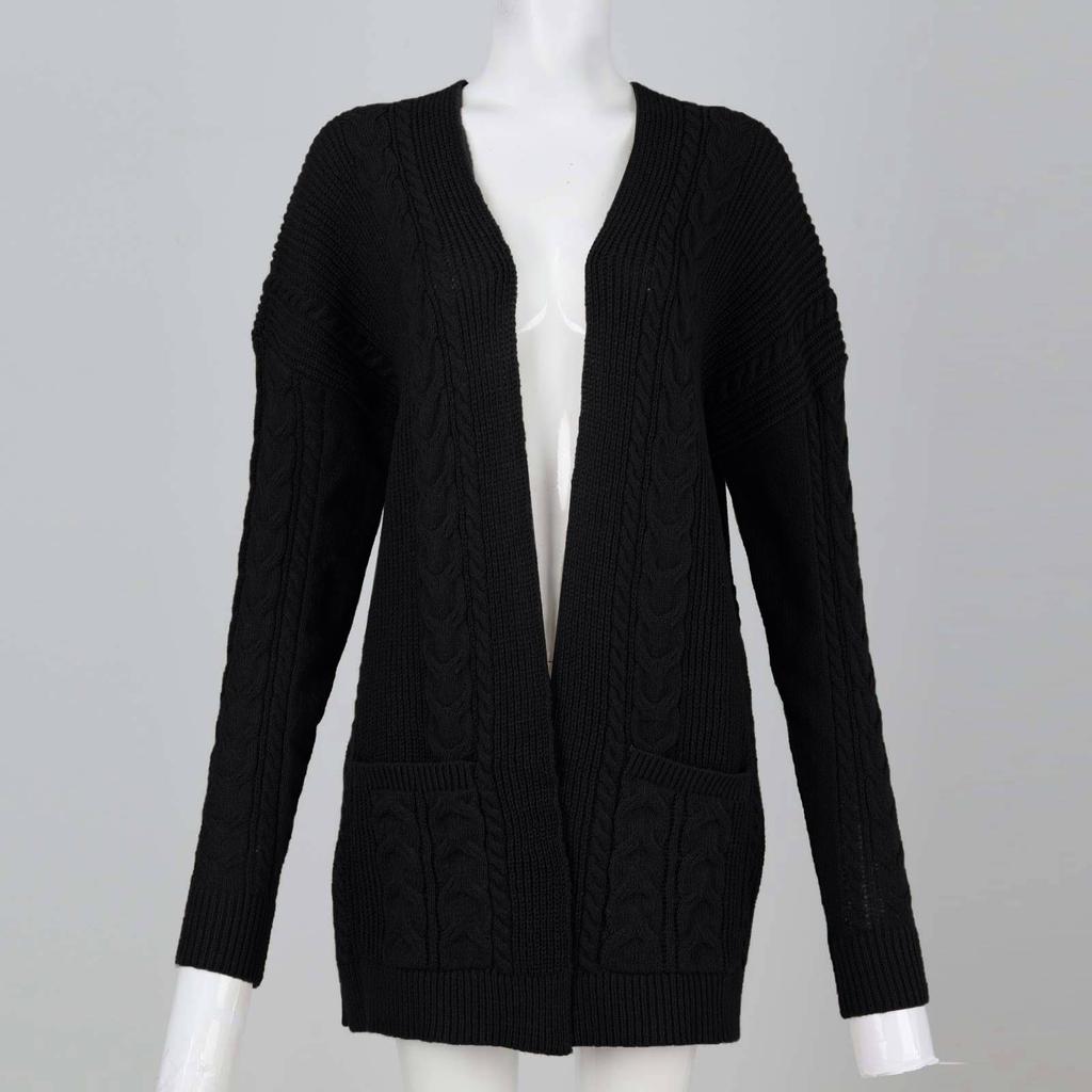 Women's Solid Color Pocket Mid Length Knit Cardigan Jacket Sweater