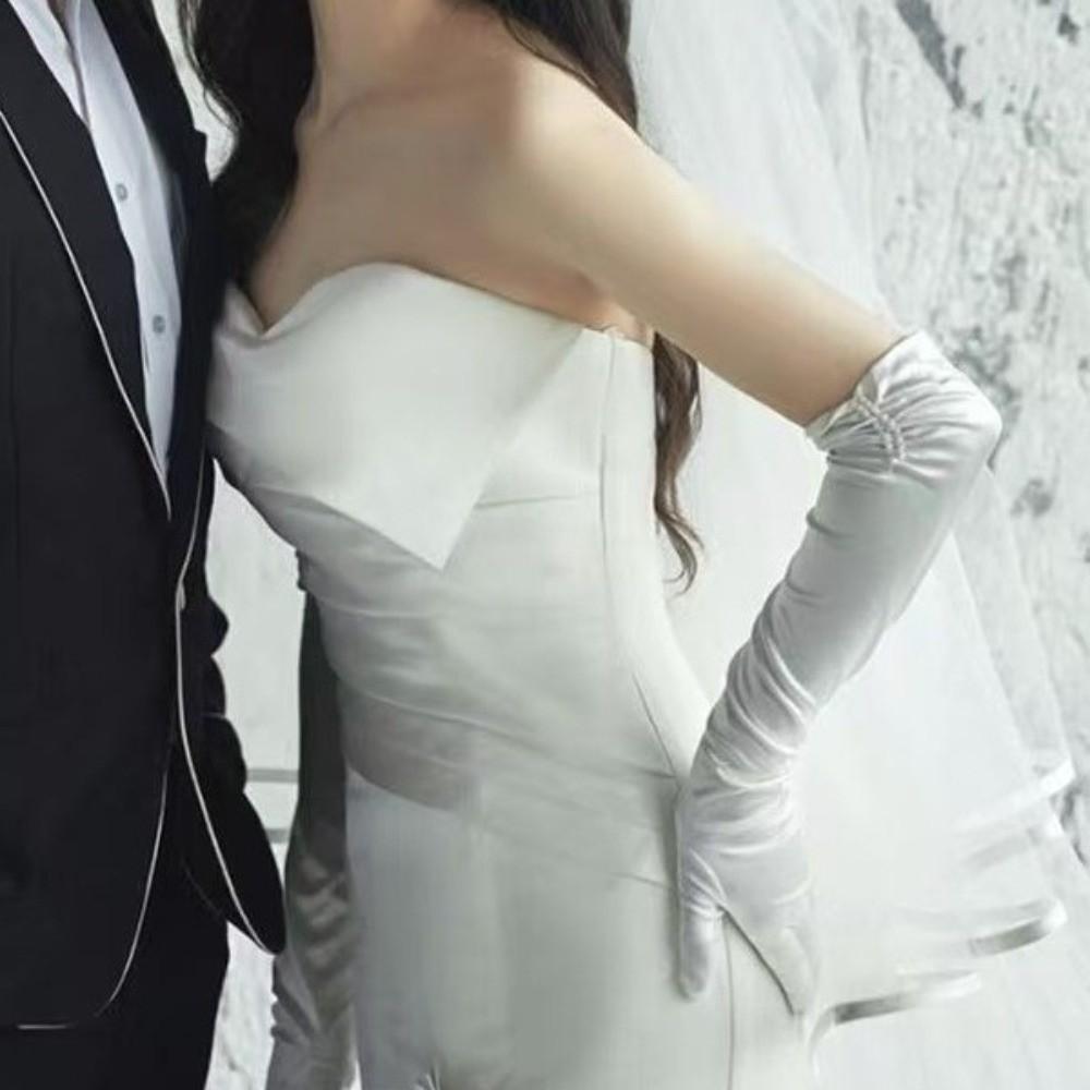 Full Finger Beaded Bridal Gloves Long Satin Gloves Sunscreen Wedding Gloves  Wedding