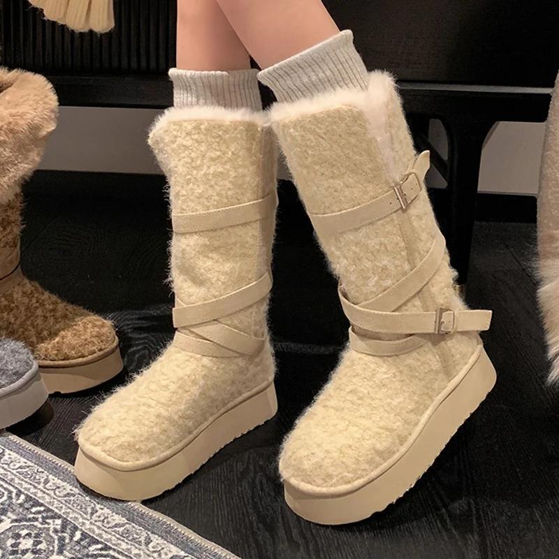 Designer Women's High Boots Flats Platform Warm Cotton Shoes Fashion Snow Botas  Short Plush Sport Winter Mujer Ladies Boots