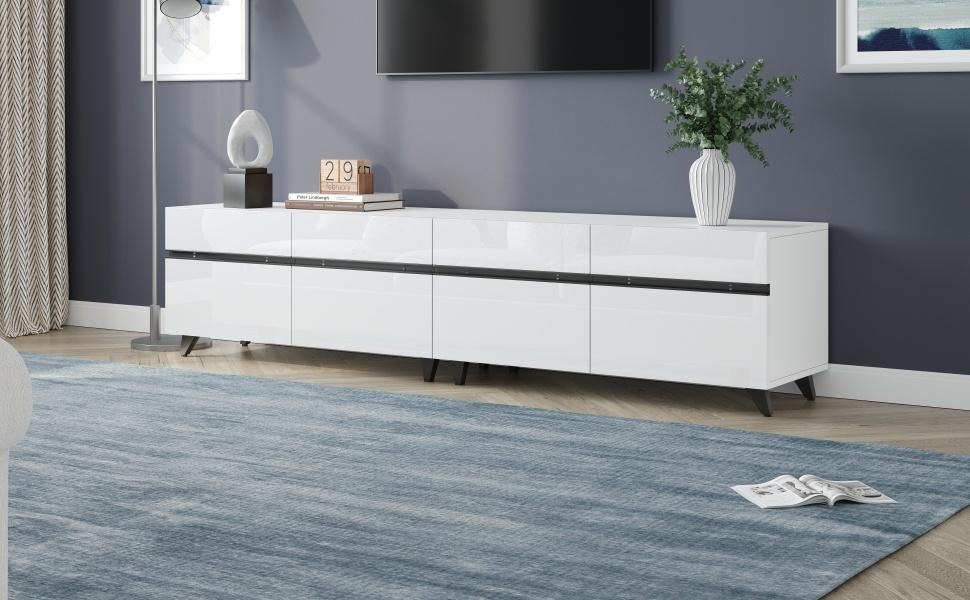 180*40*49cm High-Gloss TV Cabinet with 4 Cabinets and Adjustable Dividers, Cabinet with 8 Table Legs, Load Capacity 52kg, Suitable for 80-Inch TVs