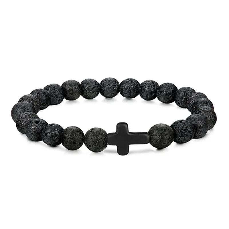 Prayer Men Natural Stone Wood Beads Rosary Hematite Cross Bracelets Onyx Meditation Bracelet Women Yoga Zircon Homme Pulsera