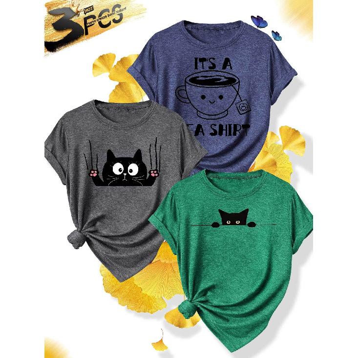 3Elegant plus-size short-sleeve outfit for sisters to attend parties T Shirt Cat scratch pattern large size women s casual sporty style for spring 1XL