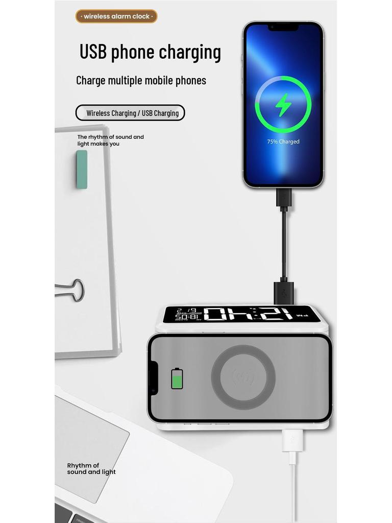 15W Wireless Fast Charging Alarm Clock with LCD Calendar & Desk Lamp