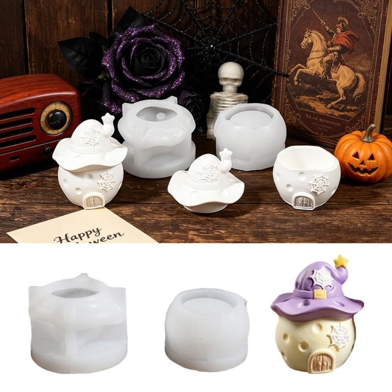 Witch Hat Silicone Candle Container Mould with Lid for Resin Casting, Mushroom House Silicone Mould for Halloween Decoration Storage Box Jewelry