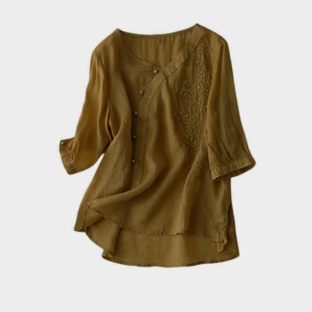 T-shirt Rétro Respirant à Manches Courtes Brodé en Coton et Lin pour Femme Haut à Col Rond