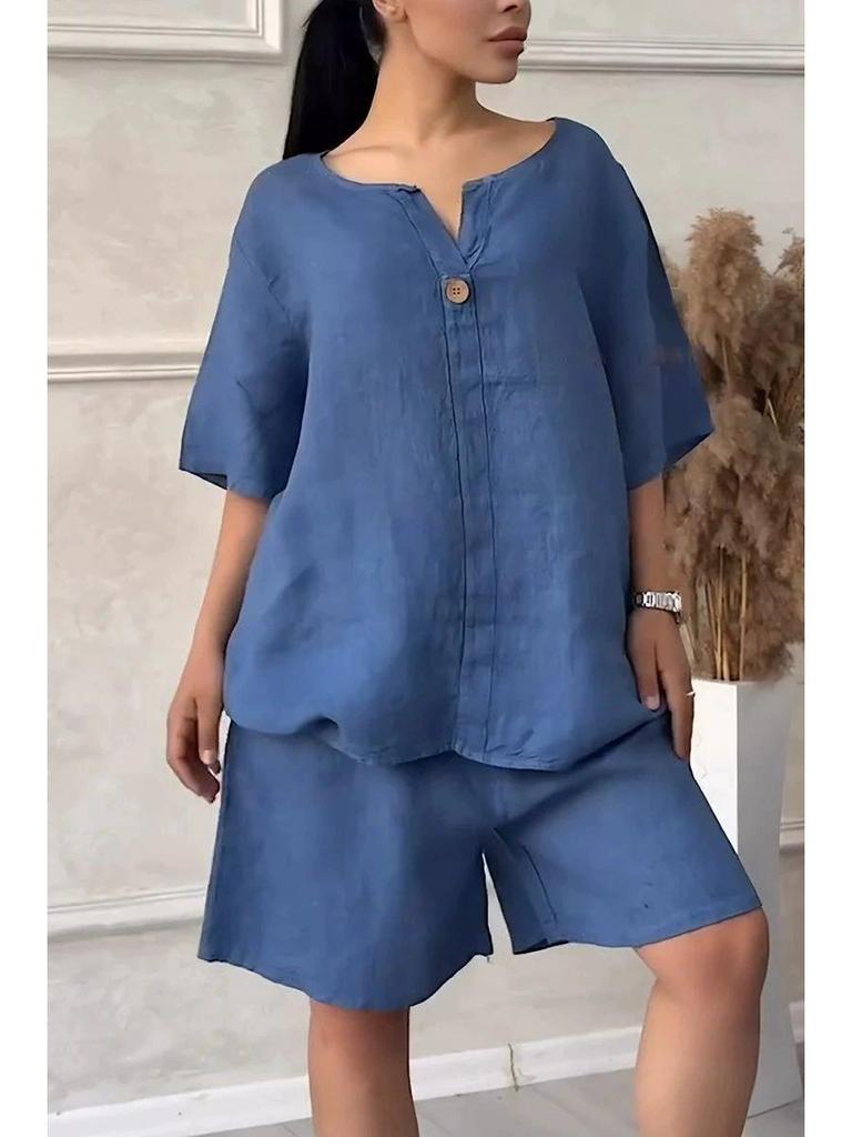2025 Stylish Women's Solid Color Two-Piece Set: Loose Top & High Waist Shorts