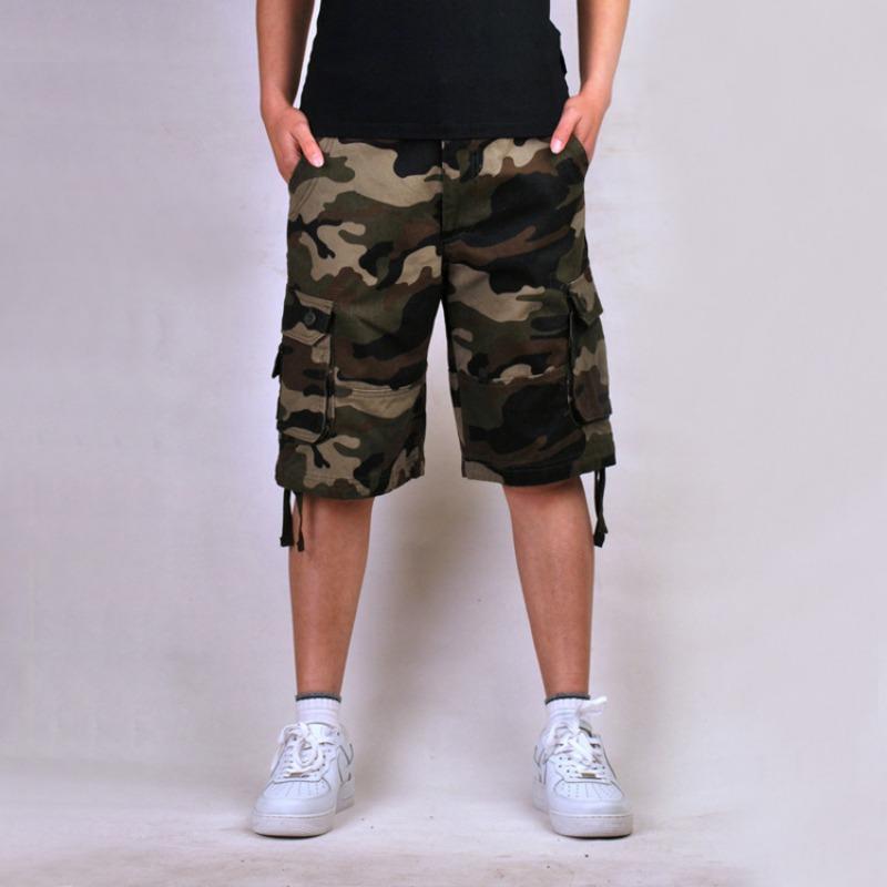 Men solid khaki multi pocket cargo knee shorts loose fit outdoor street casual walking bottoms