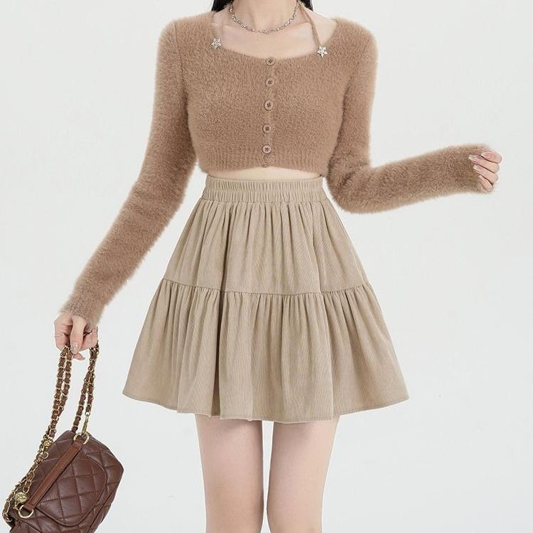 Women's Corduroy Umbrella Skirt High-Waist A-Line Skirt Autumn Short Mini Skirt