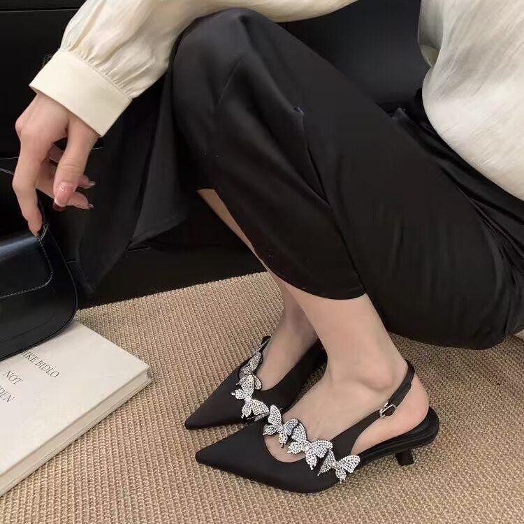 French light luxury rhinestone slim low heels 2025 autumn new soft leather pointed stilettos temperament bag head sandals women