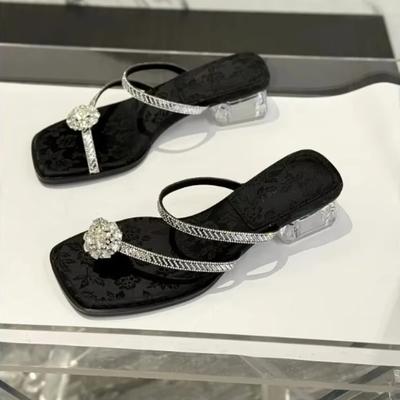 2025 Fashion Summer Women's Sandals Outdoor Crystal Open-toe Shoes Thick Heel Elegant and Comfortable Slippers Beach Flip-flops