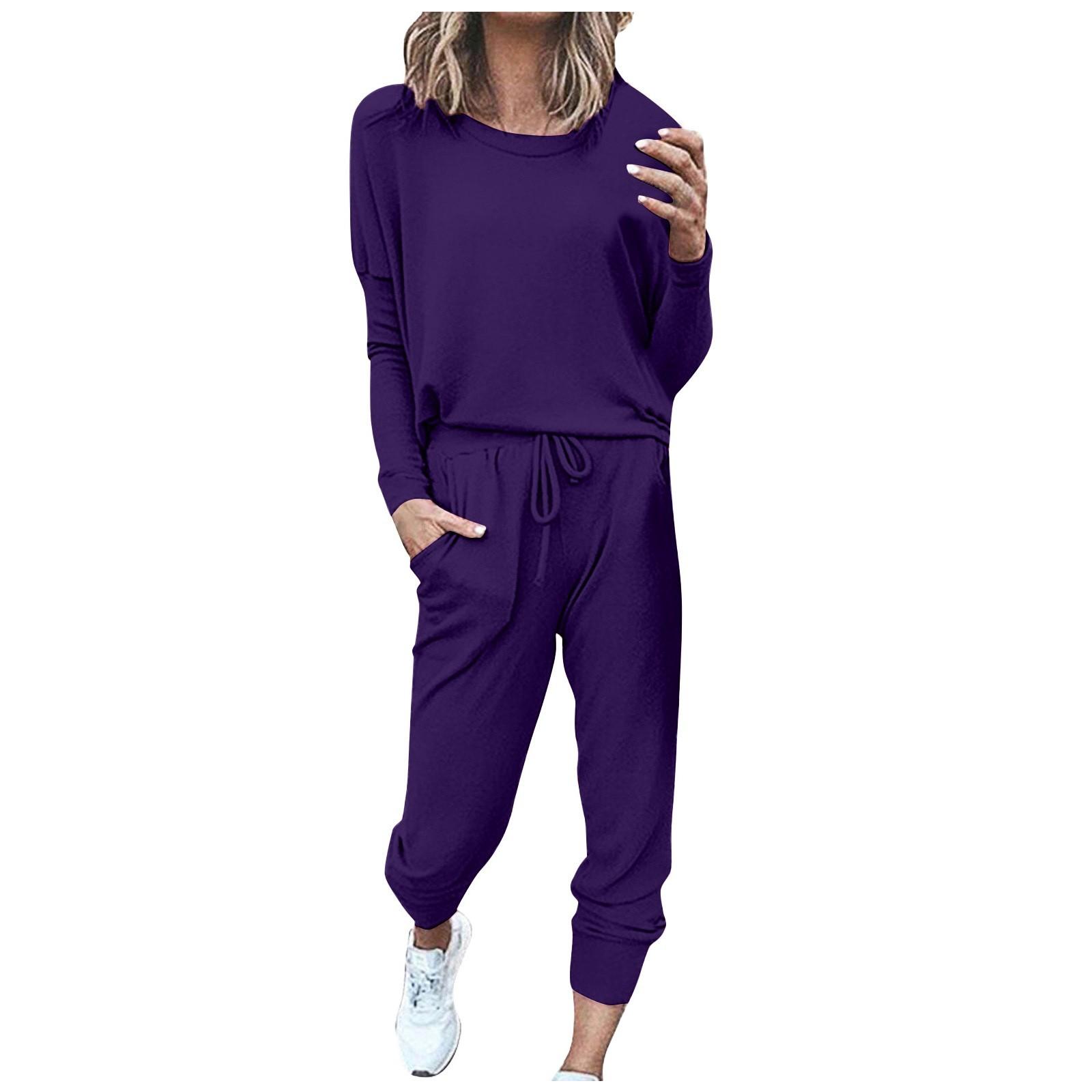 

Women s Home Loose Color Long-Sleeved Long Pants Casual Sports Suit M фіолетовий