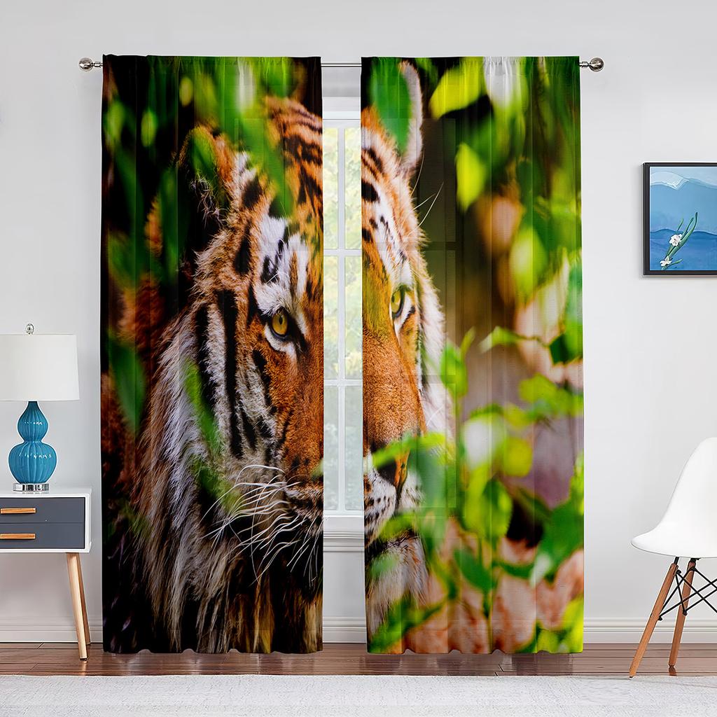 Tende in Tulle Tigre per Decorazione Soggiorno Foglie Verdi Animale Selvatico Tenda Voile Velata per Camera da Letto Cucina Tendaggi per Finestre Tende