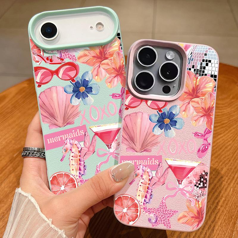 For iPhone 17 Pro Max Case Luxury Pink Cartoon Floral Pattern Leather Texture Silicone Cover For iPhone 16 Pro Max 15 14 13 12 11 16E Air