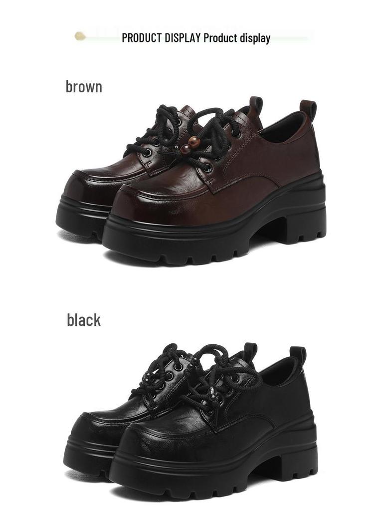 Golden Rabbit 2025 Herfst Dames Leren Ronde Neus Vetersluiting Britse Stijl Loafers