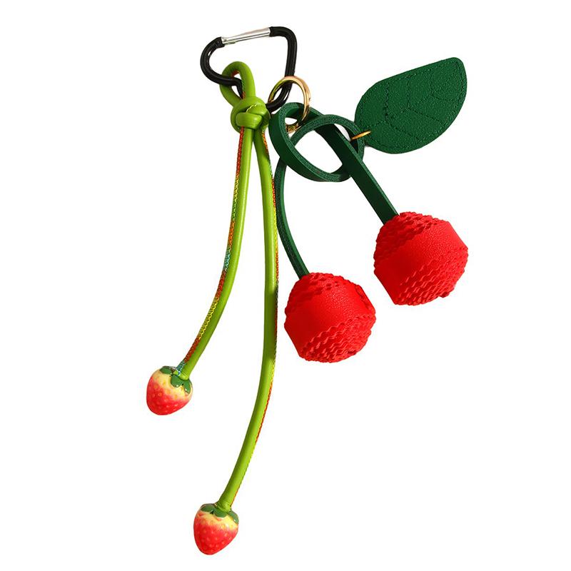 Cherry Strawberry Keychains For Purse Handbags Bag Charms Leather Green Leaf And Red Cherry Bag Charm Cute Fruit Keychain