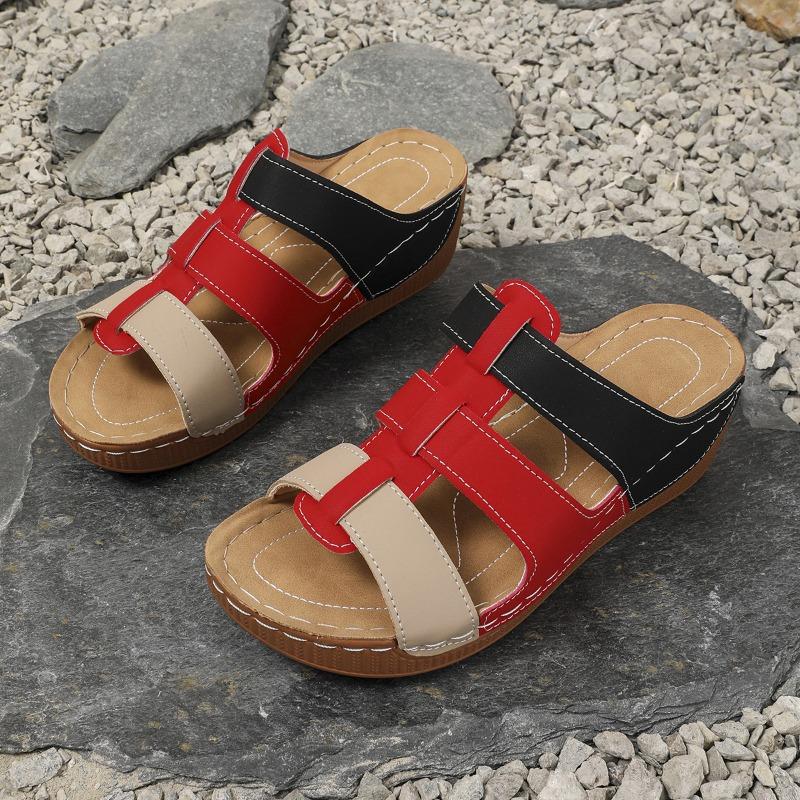 Spring and summer color matching casual hollow thick-soled muffin cool slippers women wear one-character slippers large-size sandals