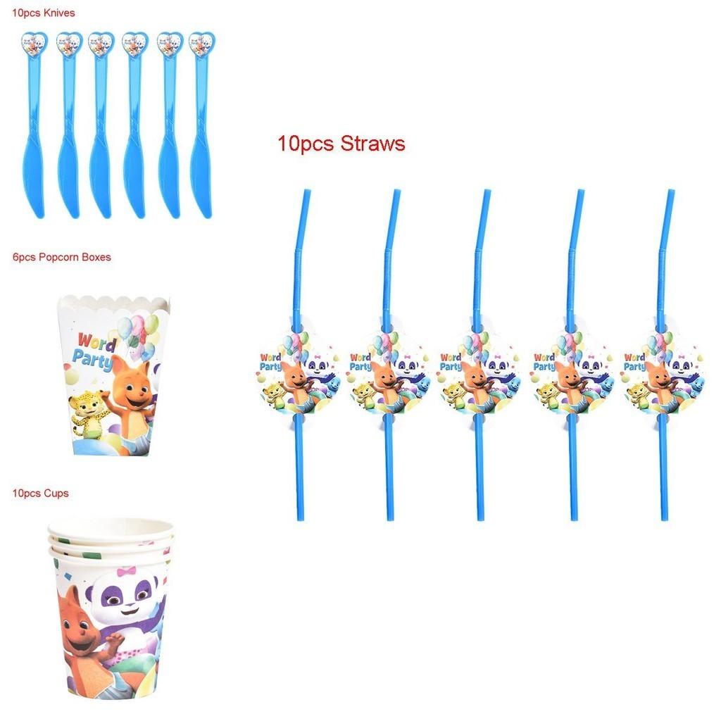 Kompletní párty potřeby s tématem Word Party pro zábavné dětské narozeninové oslavy, včetně talířů, kelímků a ozdob na dort